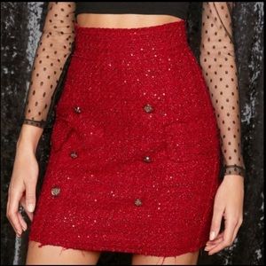 Wide band waist double breasted tweed skirt